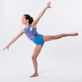 Carica l'immagine nel visualizzatore della galleria, Gymnast in blue and purple leotard striking a balanced pose
