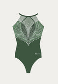 Load image into Gallery viewer, Elegant green leotard design featuring intricate beading and a halter neckline
