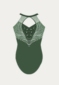 Load image into Gallery viewer, Back OF Elegant green leotard design featuring intricate beading and a halter neckline
