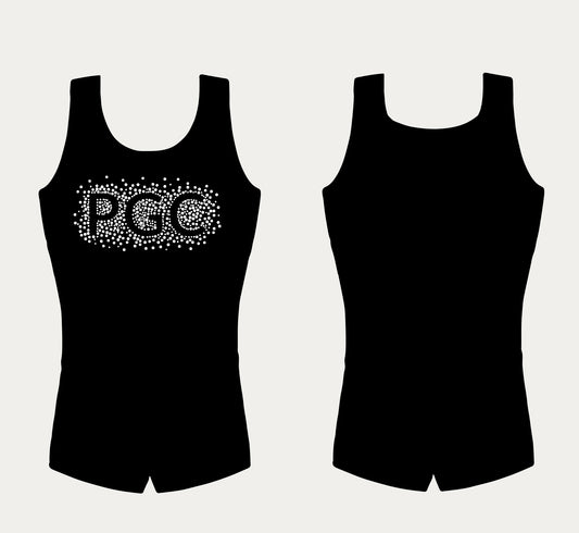 Black leotard for boys featuring a decorative 'PGC' logo design